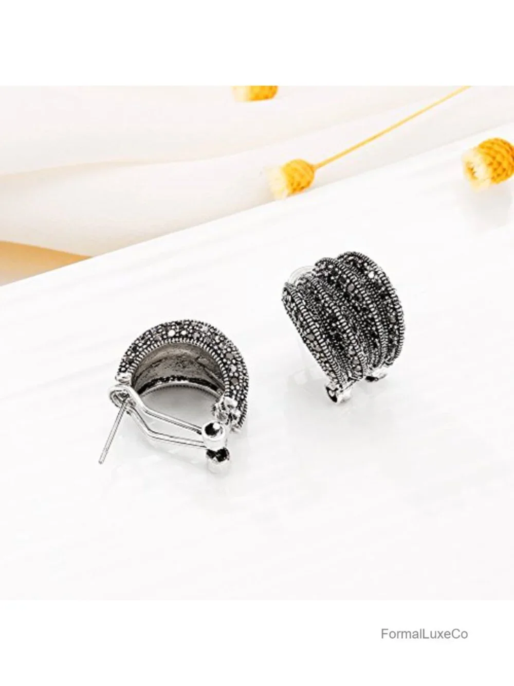 Two Tone Gold Silver Clip On Stud Earrings Art Deco Crystals